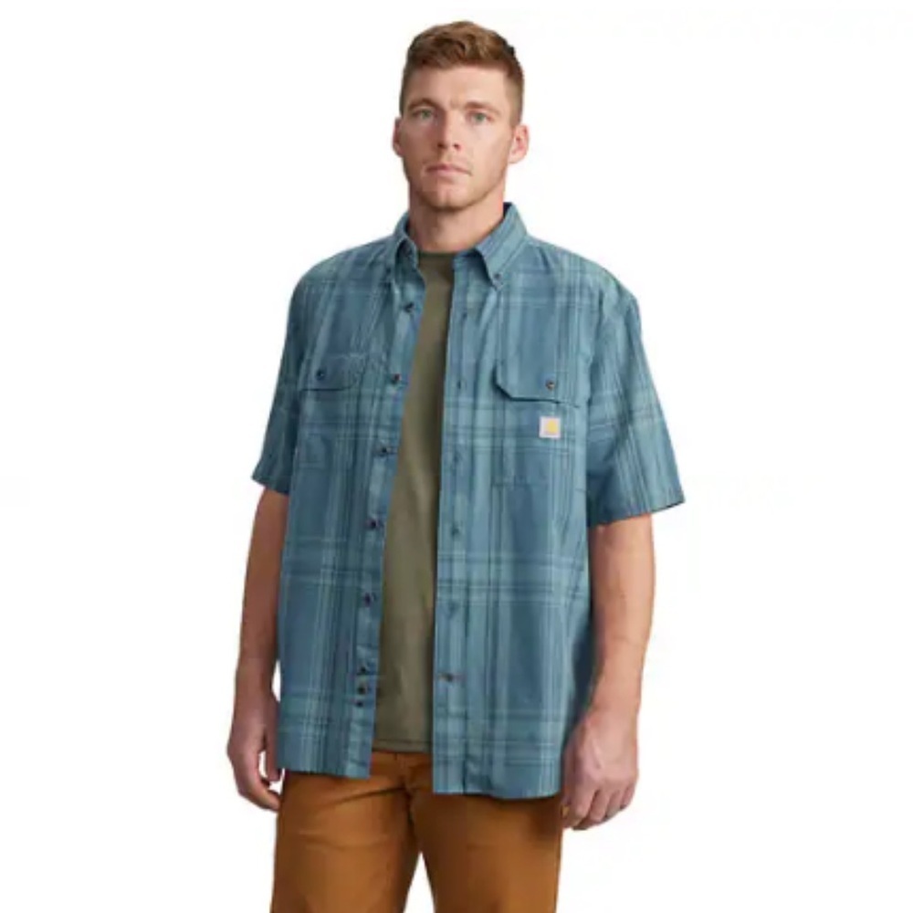 2xNWT Carhartt Men’s Sz Small Loose Fit Midweight SS Plaid Shirt in Storm Blue